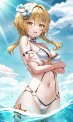 Rule 34 | 1girl, :d, alternate costume, arm strap, bare shoulders, belt collar, bikini, blonde hair, blue sky, blush, breasts, cleavage, cloud, collar, cowboy shot, crossed arms, day, feather hair ornament, feathers, flower, genshin impact, groin, hair between eyes, hair flower, hair ornament, highres, lily (flower), looking at viewer, lumine (genshin impact), medium breasts, navel, o-ring, open mouth, outdoors, parted lips, partially underwater shot, short hair with long locks, sidelocks, skindentation, sky, smile, solo, starfish, stomach, sunlight, swimsuit, teeth, thighs, upper teeth only, wading, water, water drop, wet, white bikini, white flower, wol (wol 927), yellow eyes