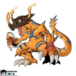 Rule 34 | belt, claws, digimon, digimon (creature), geogreymon, highres, open mouth, original, scar, sharp teeth, simple background, solo, tail, teeth, white background, x-antibody