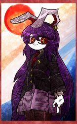 Rule 34 | 1girl, :3, animal ears, black jacket, buttons, crescent, crescent moon, hair between eyes, highres, jacket, long hair, long sleeves, looking to the side, moon, necktie, pale skin, pink skirt, pleated skirt, purple hair, rabbit ears, rabbit girl, red eyes, red necktie, reisen udongein inaba, ringed eyes, shirt, skirt, sleeves past wrists, smile, suenari (peace), sun, thighhighs, touhou, very long hair, white fur, white shirt, yellow eyes