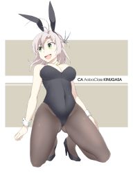 Rule 34 | &gt;:d, 1girl, :d, alternate costume, animal ears, antenna hair, bad id, bad twitter id, bare shoulders, black pantyhose, breasts, character name, cleavage, detached collar, fake animal ears, full body, green eyes, hair tie, high heels, kantai collection, kinugasa (kancolle), kneeling, large breasts, leotard, light purple hair, looking to the side, open mouth, pantyhose, playboy bunny, rabbit ears, shigino sohuzi, smile, solo, v-shaped eyebrows, wrist cuffs