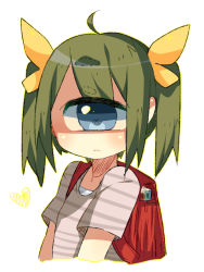 Rule 34 | + +, 1girl, ahoge, bag, blue eyes, child, cyclops, expressionless, green hair, heart, looking at viewer, muroku (aimichiyo0526), one-eyed, original, outline, school bag, shirt, short sleeves, simple background, solo, striped clothes, striped shirt, two side up, upper body, white background