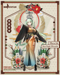 Rule 34 | 1girl, bamboo, black bow, black haori, black hat, blush, boots, bow, breasts, brown footwear, bullet hole, character name, cleavage, closed mouth, commentary, copyright name, cross-laced footwear, english commentary, floral print kimono, flower, full body, girls&#039; frontline, green eyes, green hair, hair between eyes, hair ribbon, hand on own hip, hat, highres, japanese clothes, kadomatsu, kimono, lace-up boots, large breasts, long hair, long sleeves, looking at viewer, magazine (weapon), micro uzi (girls&#039; frontline), micro uzi (new maple silhouette) (girls&#039; frontline), obi, official alternate costume, official art, outstretched arm, pouch, red flower, red ribbon, renlili, ribbon, sash, scarf, second-party source, shell casing, smile, solo, sparkle, standing, translation request, twintails, v, very long hair, white scarf, yellow kimono, yellow sash