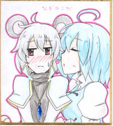 Rule 34 | 2girls, ahoge, animal ears, blue hair, blush, capelet, earlgrey, closed eyes, female focus, grey hair, heart, jewelry, mouse ears, mouse tail, multiple girls, nazrin, open mouth, pendant, puffy sleeves, red eyes, shikishi, short hair, tail, tatara kogasa, touhou, traditional media, yuri
