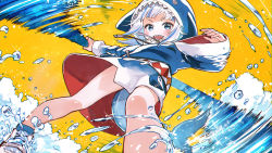 Rule 34 | 1girl, animal hood, bare legs, blue eyes, blue hair, blue hoodie, blush, commentary, cross-laced footwear, english commentary, fins, fish tail, from below, gawr gura, gawr gura (1st costume), highres, holding, holding weapon, hololive, hololive english, hood, hoodie, looking at viewer, medium hair, mixed-language commentary, motion blur, multicolored hair, open mouth, orange background, polearm, sakino shingetsu, shark hood, shark tail, sharp teeth, shoes, silver hair, simple background, smile, sneakers, solo, splashing, streaked hair, tail, teeth, trident, two-tone hair, virtual youtuber, water, water drop, weapon, white footwear