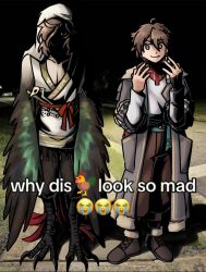 2boys animal_feet bird_legs bird_tail bird_wings brown_hair chinese_clothes coat english_text feathered_wings full_body getian_(reverse:1999) green_wings grey_coat hanfu harpy_boy highres looking_at_viewer male_focus maytheepicgamer meme monster_boy multiple_boys name_day_(reverse:1999) night outdoors purple_eyes reverse:1999 short_hair tail talons veil why_dis_ninja_look_so_mad_(meme) winged_arms wings