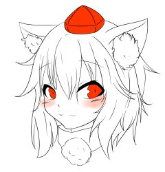 Rule 34 | 1girl, :3, absurdres, animal ears, blush, female focus, hat, highres, inubashiri momiji, looking at viewer, monochrome, pom pom (clothes), red eyes, short hair, simple background, smile, solo, spot color, tenkou, tokin hat, touhou, white background, white hair, wolf ears