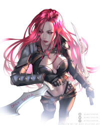 Rule 34 | 1girl, artist name, belt, black gloves, breasts, closed mouth, dagger, english text, gauntlets, gloves, highres, holding, holding dagger, holding knife, holding weapon, katarina (league of legends), knife, league of legends, long hair, medium breasts, navel, red hair, red lips, scar, scar across eye, simple background, sketch, solo, stomach tattoo, tattoo, wandzardeen, weapon, white background