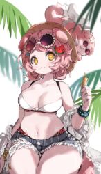 Rule 34 | 1girl, :3, ahoge, animal, animal ears, animal on head, arknights, bikini, bikini under clothes, bikini under shorts, black bracelet, blue shorts, breasts, bright pupils, brown hat, cat, cat ears, cat girl, cat on head, cat tail, cleavage, cowboy shot, eyewear on head, floppy ears, food-themed hair ornament, goldenglow (arknights), goldenglow (summer flowers) (arknights), hair ornament, hairclip, hat, highres, holding, infection monitor (arknights), kkaebing, large breasts, looking at viewer, micro shorts, navel, official alternate costume, on head, palm leaf, pink hair, purple-tinted eyewear, round eyewear, short hair, shorts, simple background, sitting, solo, stomach, sunglasses, swimsuit, tail, thighs, tinted eyewear, watermelon hair ornament, white background, white bikini, white pupils, yellow eyes