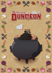 Rule 34 | 1boy, bara, beard, border, brown hair, carrot, copyright name, dungeon meshi, dwarf, facial hair, fake horns, food, fried egg, ginger root, helmet, highres, horned helmet, horns, in pot, long beard, looking up, male focus, meat, mushroom, nude, onion, ornate border, outstretched arms, relaxing, senshi (dungeon meshi), solo, spread arms, therealcrazytools, thick arm hair, thick mustache, upper body, very long beard