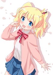 Rule 34 | 1girl, alice cartelet, blonde hair, blue eyes, blush, bow, dot nose, female focus, hair ornament, highres, kin-iro mosaic, looking at viewer, open mouth, open sweater, pink sweater, school uniform, skirt, solo, sweater, yu kawara025
