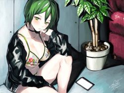 Rule 34 | 1girl, armchair, bikini, black choker, black jacket, breasts, cellphone, chair, choker, cleavage, closed mouth, collarbone, day, eyelashes, floral print, flower pot, green eyes, green hair, hair between eyes, hand on own chin, indoors, jacket, knee up, large breasts, leaf, legs, long sleeves, looking at viewer, navel, open clothes, open jacket, original, phone, plant, potted plant, short hair, signature, sitting, smartphone, solo, stomach, swimsuit, uni (melm)