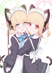 Rule 34 | 2girls, absurdres, animal ear headphones, animal ears, apron, back bow, black dress, blonde hair, blue archive, blue bow, blue bowtie, blush, bow, bowtie, broom, cat ear headphones, cat ears, cat tail, closed mouth, commentary, dress, fake animal ears, fake tail, flying sweatdrops, frilled apron, frills, green bow, green eyes, green halo, hair bow, halo, headphones, highres, holding, holding broom, long sleeves, looking at viewer, maid, maid apron, maid headdress, midori (blue archive), midori (maid) (blue archive), momoi (blue archive), momoi (maid) (blue archive), multiple girls, notice lines, official alternate costume, open mouth, osorii, pink eyes, pink halo, puffy long sleeves, puffy sleeves, red bow, short hair, short twintails, siblings, simple background, sisters, smile, split mouth, tail, twins, twintails, white apron, white background, white bow