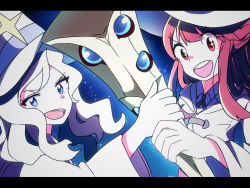 Rule 34 | 2girls, blonde hair, blue eyes, brown hair, couple, diana cavendish, happy, hat, kagari atsuko, little witch academia, long hair, luna nova school uniform, multicolored hair, multiple girls, open mouth, red eyes, school uniform, shiny rod (little witch academia), sky, smile, snsk1875, star (sky), star (symbol), starry sky, tongue, two-tone hair, wavy hair, witch, witch hat, witch robe, yuri