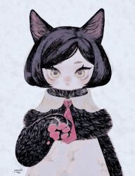 Rule 34 | 1girl, :|, absurdres, animal ears, animal hands, artist name, black fur, black hair, brown eyes, cat ears, cat girl, closed mouth, dress, grey background, hand up, highres, looking at viewer, neck fur, necktie, original, pink necktie, pole mura, short eyebrows, short hair, simple background, solo, standing, upper body, white dress