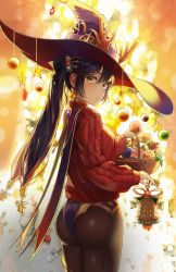 Rule 34 | 1girl, absurdres, aran sweater, ass, basket, black hair, black pantyhose, blurry, blush, breasts, cable knit, christmas, christmas ornaments, depth of field, from behind, genshin impact, gold trim, green eyes, hair ornament, hat, highres, leotard, long hair, looking at viewer, looking back, lu (ssuel), mona (genshin impact), pantyhose, shiny clothes, sideboob, solo, sweater, twintails, very long hair