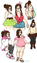 Rule 34 | 1girl, alternate hair length, alternate hairstyle, black pantyhose, blush, boots, braid, breasts, brown eyes, brown hair, casual, character sheet, cleavage, collage, cross-laced footwear, dress, female focus, flat color, frilled skirt, frills, front-tie top, glasses, hair bun, hairband, highres, invisible chair, jacket, kathleen lim, knee boots, lace-up boots, large breasts, letterman jacket, long hair, mei (overwatch), multiple views, off-shoulder dress, off shoulder, overwatch, overwatch 1, pantyhose, plump, sandals, scarf, shoes, single hair bun, sitting, sketch, skirt, sneakers, squatting, sweater, thighhighs, twin braids, white background