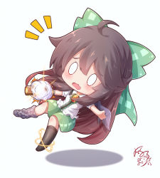 Rule 34 | 0 0, 1girl, absurdres, ahoge, arm cannon, asymmetrical footwear, asymmetrical legwear, atom, bird wings, black hair, black thighhighs, blank eyes, blouse, blush, bow, broken, broken weapon, brown hair, chibi, explosion, failure, falling, fang, feng ling (fenglingwulukong), full body, furrowed brow, green bow, green skirt, hair between eyes, hair bow, highres, long hair, miniskirt, mismatched footwear, mismatched legwear, notice lines, open mouth, outstretched arm, parted bangs, puffy short sleeves, puffy sleeves, reiuji utsuho, shadow, shirt, short sleeves, signature, simple background, single thighhigh, skin fang, skirt, solid oval eyes, solo, standing, thighhighs, third eye, touhou, very long hair, weapon, white background, white shirt, wings
