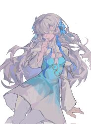 Rule 34 | 1girl, blue dress, blue flower, blue hair, dress, feet out of frame, finger to mouth, flower, gradient clothes, gradient dress, grey hair, hair flower, hair ornament, hair over one eye, highres, invisible chair, isekai joucho, kamitsubaki studio, laughing, long hair, multicolored hair, nose, open mouth, pantyhose, simple background, sitting, sketch, smile, solo, tareme, two-tone dress, two-tone hair, very long hair, viosgit, virtual youtuber, white background, white dress, white pantyhose