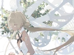 Rule 34 | 1girl, ahoge, bare shoulders, blonde hair, breasts, cage, cleavage, closed eyes, code009, criss-cross halter, detached collar, dress, eyelashes, floating hair, flower, from side, hair bun, halterneck, highres, light brown hair, long hair, number tattoo, orb, original, plant, sidelocks, small breasts, solo, sunlight, tattoo, twintails, upper body, very long hair, vines, white background, white dress
