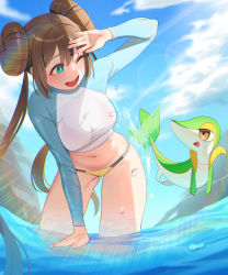 Rule 34 | 1girl, ;d, absurdres, arm up, bikini, bikini bottom only, blue eyes, blue sky, blush, breasts, brown hair, cloud, creatures (company), day, double bun, game freak, gen 5 pokemon, hair bun, highres, leaning forward, long hair, long sleeves, looking at another, matdoljangin, medium breasts, navel, nintendo, no headwear, one eye closed, open mouth, outdoors, pokemon, pokemon (creature), pokemon bw2, raglan sleeves, rosa (pokemon), shirt, sidelocks, sky, smile, snivy, splashing, stomach, sunlight, swimsuit, taut clothes, taut shirt, teeth, thighs, twintails, upper teeth only, wading, water, water drop, wet, wet clothes, wet shirt