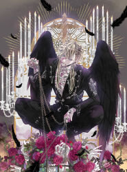 Rule 34 | 1boy, asymmetrical bangs, belt, belt buckle, birdcage, black belt, black collar, black feathers, black footwear, black jacket, black pants, black wings, blonde hair, blood, blood on chest, blood on face, blood on hands, blue eyes, boots, buckle, cage, candle, candlestand, chain, chest tattoo, collar, cross, cross fleury, dangle earrings, earrings, feathered wings, feathers, flower, full body, grey eyes, hair between eyes, hair ornament, hairclip, hand tattoo, head tilt, highres, holding, holding chain, jacket, jewelry, kixkanon, lapel pin, lapels, leaf, leash, light particles, long hair, male focus, mouth hold, multiple rings, no shirt, notched lapels, o-ring, original, out of frame, pants, parted lips, pink blood, pink flower, pink rose, plant, ribs, ring, rose, shoulder belt, smile, solo focus, squatting, tattoo, thorns, vines, window, wings