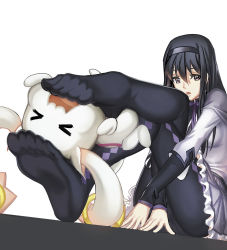 Rule 34 | &gt; &lt;, 10s, 1girl, :3, akemi homura, argyle, argyle clothes, argyle legwear, artistic error, black hair, black hairband, black pantyhose, closed eyes, feet, foot on head, frills, full body, hairband, highres, jewelry, kyubey, long hair, long sleeves, looking at another, looking at viewer, magical girl, mahou shoujo madoka magica, mahou shoujo madoka magica (anime), no shoes, open mouth, panties, panties under pantyhose, pantyhose, ring, simple background, sitting, soles, squeezing, streamingsun, toes, underwear, upskirt, white background, wrong foot