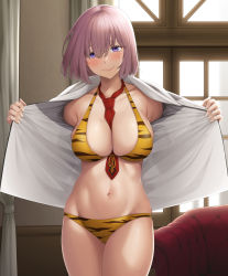 Rule 34 | 1girl, absurdres, alternate costume, animal print, ao banana, between breasts, bikini, blush, breasts, cowboy shot, fate/grand order, fate (series), hair over one eye, highres, large breasts, looking at viewer, mash kyrielight, necktie, necktie between breasts, purple eyes, purple hair, red necktie, short hair, swimsuit, tiger print