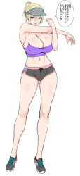 Rule 34 | 1girl, alternate costume, alternate hairstyle, bare shoulders, black eyes, blonde hair, blush, breasts, camisole, cleavage, covered erect nipples, full body, genderswap, genderswap (mtf), heterochromia, huge breasts, looking at viewer, navel, parted lips, ponytail, richard (tales), shoes, short hair, short shorts, shorts, smile, sneakers, solo, stomach, stretching, tales of (series), tales of graces, translation request, usagi nagomu, visor cap, yellow eyes