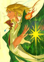 Rule 34 | 1boy, 1other, avenoirn, blonde hair, blue eyes, calcifer, coat, collared coat, commentary, earrings, english commentary, floating hair, green coat, highres, howl (howl no ugoku shiro), howl no ugoku shiro, jewelry, looking at viewer, male focus, medium hair, necklace, profile, shirt, simple background, smile, star (symbol), upper body, yellow background