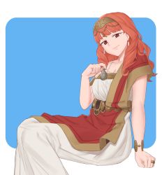 Rule 34 | 1girl, bare shoulders, blue background, breasts, celica (fire emblem), collarbone, detached sleeves, dress, earrings, ebinku, fire emblem, fire emblem echoes: shadows of valentia, highres, jewelry, long dress, long hair, looking at viewer, medium breasts, necklace, nintendo, red eyes, red hair, ring, simple background, single detached sleeve, smile, solo, tiara, white dress