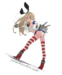 Rule 34 | 10s, 1girl, absurdres, anchor hair ornament, ass, bad id, bad pixiv id, black panties, blonde hair, character name, elbow gloves, finger to eye, from behind, gloves, hair ornament, hairband, hand on own hip, highleg, highres, himano (artist), kantai collection, leaning forward, long hair, looking back, panties, rensouhou-chan, school uniform, serafuku, shimakaze (kancolle), skirt, solo, standing, striped clothes, striped thighhighs, thighhighs, thong, torn clothes, torn thighhighs, underwear, white background, white gloves, yellow eyes