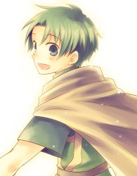 Rule 34 | 1boy, :d, blue eyes, blush, cape, fire emblem, fire emblem: the binding blade, green hair, looking at viewer, looking back, lowres, lugh (fire emblem), male focus, nintendo, open mouth, serina ranshi, simple background, smile, solo, white background