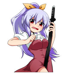 Rule 34 | 1girl, bad id, bad pixiv id, between legs, blush, bow, breasts, highres, holding, holding weapon, katana, long hair, looking at viewer, open mouth, purple hair, red eyes, simple background, solo, sumiya nadateru, sweatdrop, sword, touhou, watatsuki no yorihime, weapon