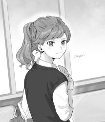 Rule 34 | 1girl, bag, chon chiyon, closed mouth, collared shirt, eyelashes, greyscale, holding, holding paper, long hair, long sleeves, looking at viewer, looking back, monochrome, original, paper, ponytail, school uniform, shirt, signature, solo, sweater vest, upper body