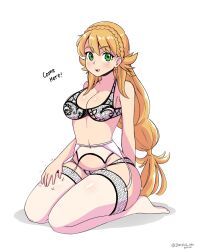 Rule 34 | 1girl, absurdres, blonde hair, blush, bra, breasts, cleavage, commission, english text, fire emblem, fire emblem heroes, garter belt, garter straps, green eyes, highres, jarckius, lap pillow invitation, lingerie, looking at viewer, medium breasts, nintendo, no shoes, open mouth, panties, sharena (fire emblem), solo, thighhighs, underwear, white bra, white panties, white thighhighs