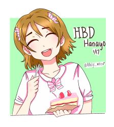 Rule 34 | 1girl, absurdres, artist name, artist request, blush, bow, bowtie, breasts, brown hair, cake, collarbone, closed eyes, female focus, food, fork, hair between eyes, hair bow, highres, holding, holding fork, holding plate, koizumi hanayo, looking at viewer, love live!, love live! school idol project, parted lips, pink bow, pink shirt, plate, shirt, short hair, short sleeves, smile, solo, striped, striped bow, upper body