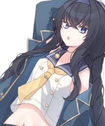 Rule 34 | 1girl, alternate costume, black hair, blue archive, blue coat, blue eyes, blue hairband, breasts, chloette, coat, hair between eyes, hairband, highres, jewelry, long hair, looking at viewer, navel, neckerchief, open clothes, open coat, open mouth, pendant, simple background, small breasts, solo, ui (blue archive), upper body, white background, yellow neckerchief