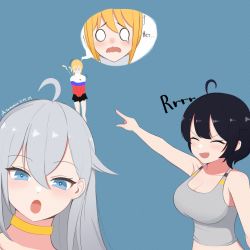 Rule 34 | 3girls, ^ ^, ahoge, aim-120 amraam, aim-9 sidewinder, artist name, atamonica, black hair, blonde hair, blue eyes, blush, choker, closed eyes, commentary, crying, dated, english commentary, closed eyes, growling, highres, looking at viewer, meme, mig-29, multiple girls, o o, original, personification, pointing, scared, smile, speech bubble, translation request, trembling, two soyjaks pointing (meme), white hair, yellow choker
