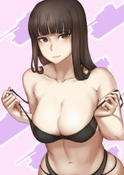 Rule 34 | 10s, 1girl, bare arms, bare shoulders, bikini, black bikini, blunt bangs, blush, breasts, brown eyes, closed mouth, collarbone, expressionless, girls und panzer, large breasts, long hair, lontong, looking at viewer, mature female, military, military vehicle, motor vehicle, navel, nishizumi shiho, pink background, pink lips, pulling own clothes, silhouette, simple background, skindentation, solo, stomach, strap pull, swimsuit, tank, undressing, upper body