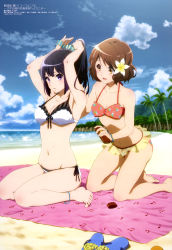 Rule 34 | 10s, 2girls, absurdres, anklet, armpits, arms up, barefoot, bass clef, beach, beamed quavers, bikini, black hair, bow, bracelet, breasts, brown hair, bunching hair, cleavage, cloud, day, feet, floral print, flower, front-tie top, hair flower, hair ornament, hair scrunchie, hibike! euphonium, highres, jewelry, kneeling, kousaka reina, lotion, medium breasts, megami magazine, multiple girls, musical note, musical note print, nagahama ayaka, navel, official art, oumae kumiko, outdoors, palm tree, ponytail, print bikini, print bow, quaver, red bikini, sandals, scrunchie, side-tie bikini bottom, sitting, sky, small breasts, striped clothes, striped scrunchie, sunscreen, swimsuit, toes, towel, treble clef, tree, unworn sandals, wariza