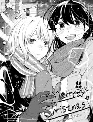 Rule 34 | 2girls, absurdres, blush, christmas tree, closed mouth, coat, commentary request, gloves, greyscale, hair between eyes, hair ornament, hairclip, highres, honda sora, kashikaze, lonely girl ni sakaraenai, long hair, long sleeves, looking at viewer, merry christmas, mittens, monochrome, multiple girls, open mouth, sakurai ayaka (lonely girl ni sakaraenai), scarf, short hair, smile, snow, underwear, winter clothes, winter coat, yuri