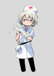 Rule 34 | 1girl, absurdres, adjusting clothes, adjusting gloves, black pantyhose, breast pocket, closed mouth, collared dress, commentary, cropped legs, cross, dress, gloves, grey background, grey hair, hat, highres, id card, lanyard, looking at viewer, nakamori kemuri, nurse, nurse cap, original, pantyhose, pen, pocket, purple eyes, putting on gloves, red cross, rubber gloves, scissors, short dress, short hair, short sleeves, simple background, sketch, solo, standing, white dress, white gloves, white hat