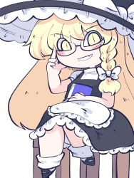 Rule 34 | 1girl, apron, bespectacled, black dress, black footwear, black hat, blonde hair, blush stickers, bow, braid, chahan (fried rice0614), dress, full body, glasses, grin, hat, hat bow, highres, kirisame marisa, long hair, one-hour drawing challenge, shirt, shoes, short sleeves, simple background, single braid, smile, solo, touhou, waist apron, white apron, white background, white bow, white shirt, witch hat, yellow eyes