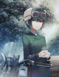 Rule 34 | 1girl, androgynous, angel31424, black hair, coat, cup, expressionless, fur hat, goggles, goggles on headwear, green eyes, hat, hermes (kino no tabi), jacket, kino (kino no tabi), kino no tabi, looking at viewer, motor vehicle, motorcycle, outdoors, short hair, tree