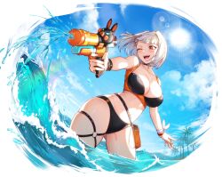 Rule 34 | 1girl, asdf (rokiru08), belt pouch, bikini, black bikini, black choker, blue sky, blunt bangs, breasts, choker, cleavage, cloud, commentary request, day, gluteal fold, hair intakes, highres, holding, holding water gun, korean commentary, large breasts, lens flare, library of ruina, multicolored bikini, multicolored clothes, myo (project moon), o-ring, o-ring thigh strap, one eye closed, open mouth, orange bikini, orange wristband, outdoors, palm tree, pendant choker, pouch, project moon, rainbow, red eyes, short hair, sky, solo, sun, sunlight, swimsuit, teeth, thigh strap, thighs, tongue, tree, upper teeth only, wading, water, water gun, white hair, wristband