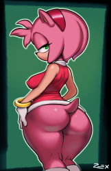 Rule 34 | 1girl, absurdres, amy rose, ass, bare shoulders, bracelet, breasts, covered erect nipples, dress, furry, furry female, gloves, green eyes, hairband, hedgehog, hedgehog ears, hedgehog tail, highres, huge ass, jewelry, looking at viewer, looking back, no panties, r ex, red dress, sleeveless, solo, sonic (series), tail, thick thighs, thighs, white gloves, wide hips