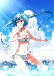 Rule 34 | 1girl, absurdres, bad id, bad pixiv id, bikini, day, front-tie top, green eyes, green hair, hatsune miku, highres, lens flare, light rays, long hair, matching hair/eyes, navel, side-tie bikini bottom, smile, sola7764, solo, striped bikini, striped clothes, sunbeam, sunlight, swimsuit, twintails, vocaloid
