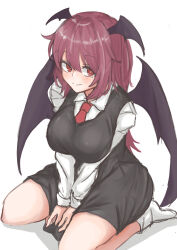 Rule 34 | 1girl, absurdres, bat wings, blush, breasts, bright pupils, from above, hair between eyes, head wings, highres, koakuma, kuraki, large breasts, long hair, long sleeves, looking at viewer, looking to the side, necktie, red eyes, red hair, shirt, simple background, sitting, skirt, smile, solo, touhou, v arms, very long hair, wariza, white background, wing collar, wings