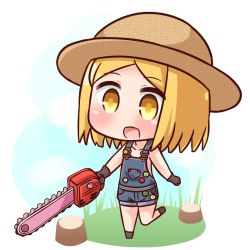 Rule 34 | 1girl, :d, black footwear, black gloves, blonde hair, blue sky, blush, brown hat, chainsaw, chibi, cloud, collarbone, commentary request, day, fate/grand order, fate (series), gloves, hana kazari, hat, holding, naked overalls, open mouth, outdoors, overall shorts, overalls, parted bangs, paul bunyan (fate), paul bunyan (third ascension) (fate), sky, smile, solo, standing, standing on one leg, tree stump, white background, yellow eyes