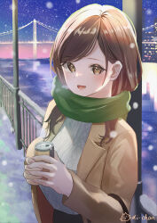 Rule 34 | 1girl, :d, artist name, blush, brown coat, brown hair, can, canned coffee, coat, drink can, from side, green scarf, highres, holding, holding can, long hair, looking at viewer, michan127neko, open mouth, original, ribbed sweater, scarf, smile, sweater, swept bangs, white sweater
